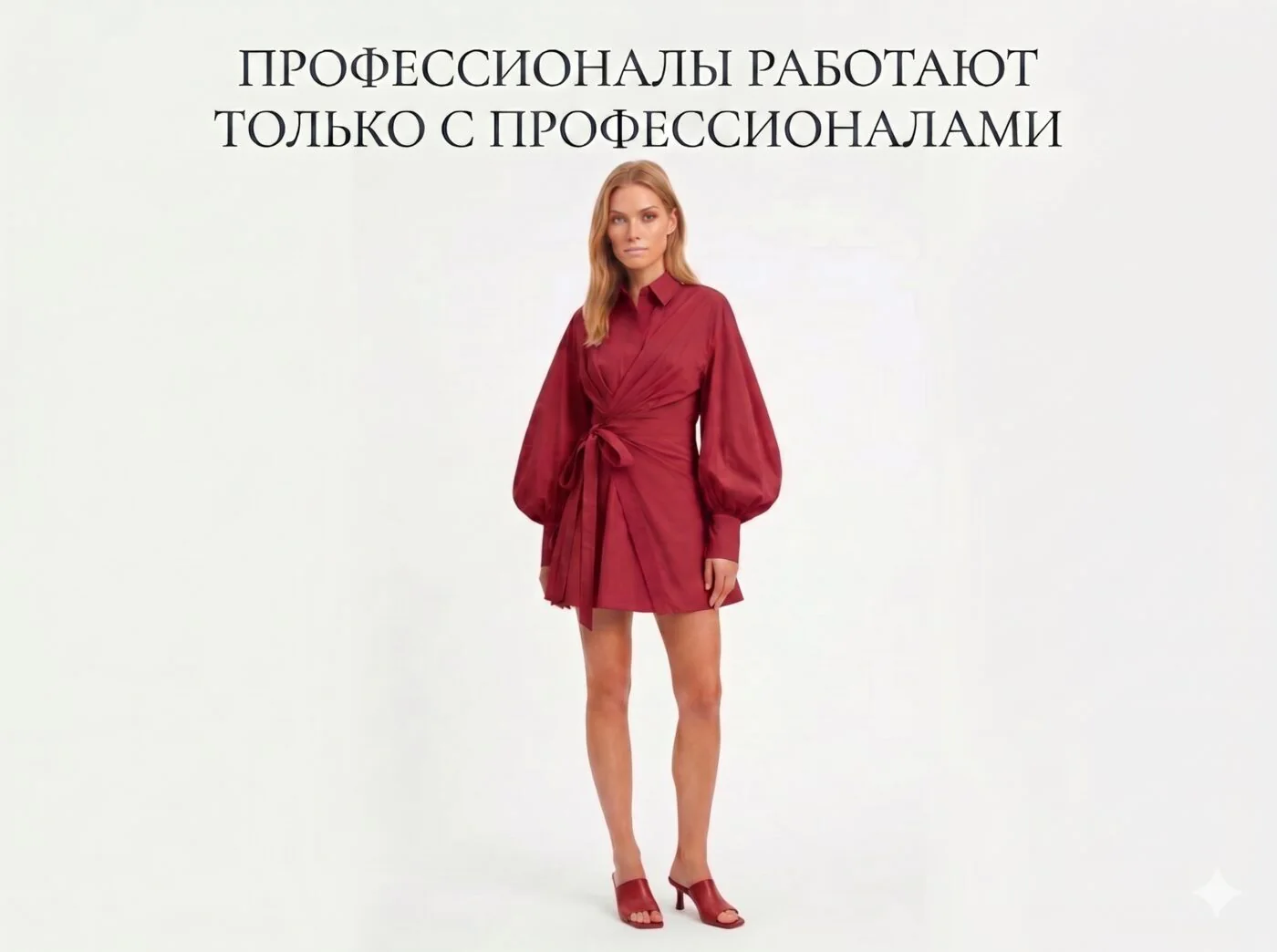 Бордовое платье-рубашка. Надпись: профессионалы работают только с профессионалами