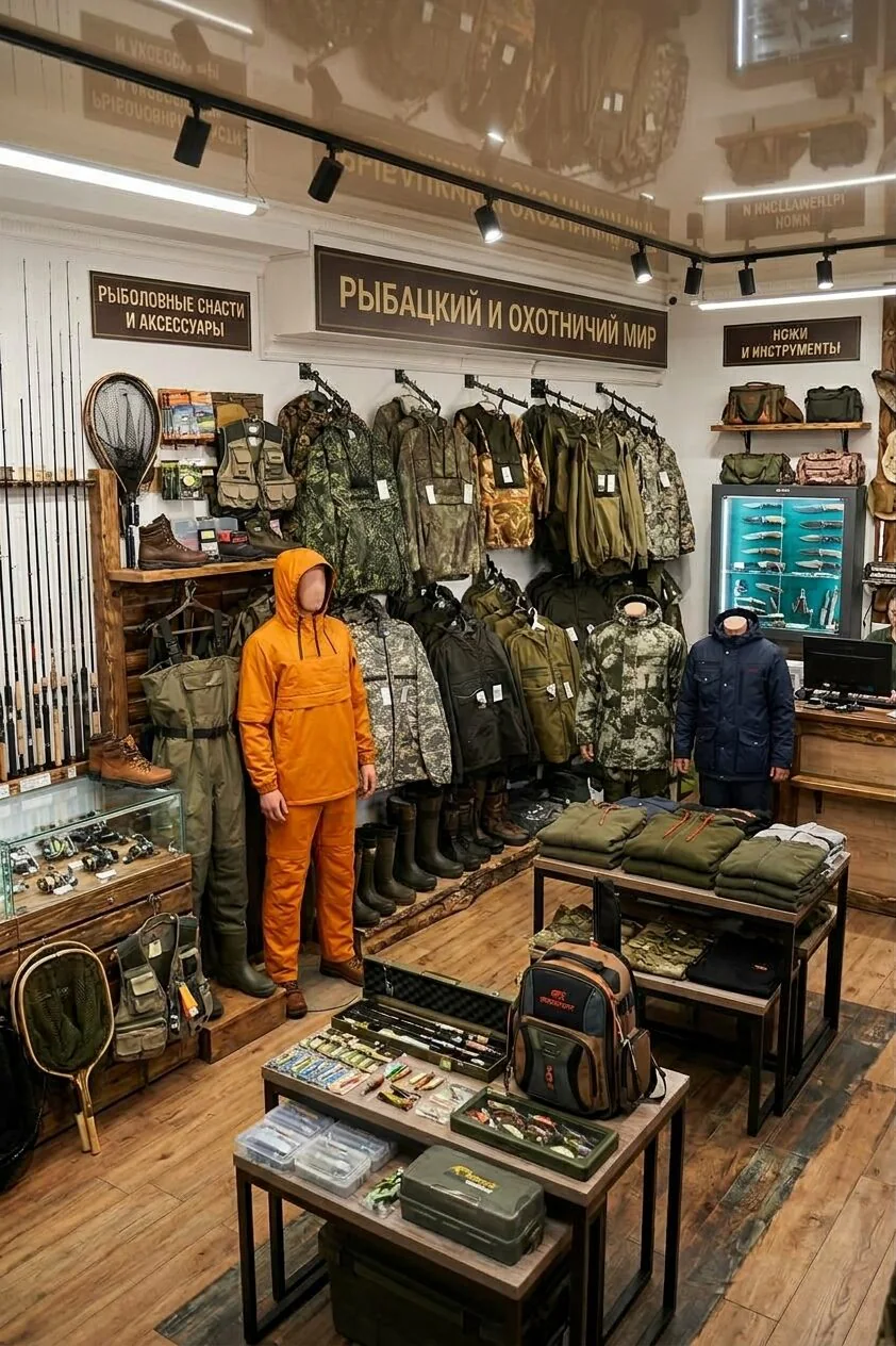 Торговый зал магазина с одеждой и снаряжением для охоты и рыбалки