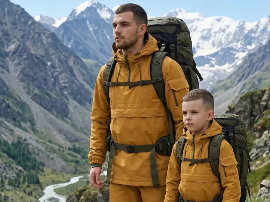 Отец и сын в анораках BRIAR цвета охры с рюкзаками в горах