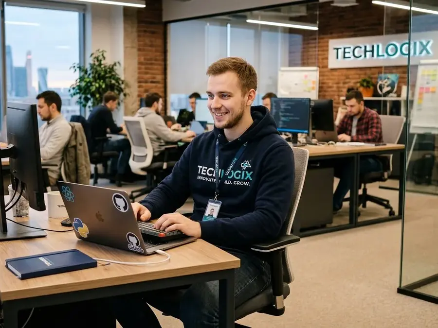 Сотрудник IT-компании в худи с логотипом компании